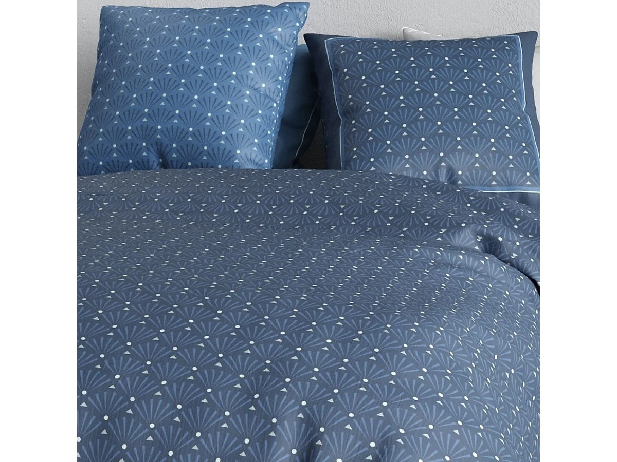 Parure housse de couette 260x240cm + 2 taies motif graphique bleu 100% coton - ZUMAIA