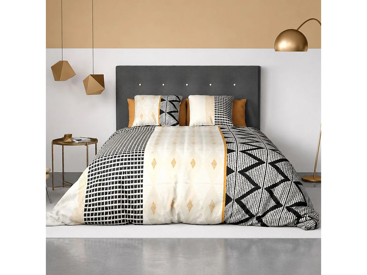 Parure housse de couette 260x240cm + 2 taies motif ethnique beige et noir 100% coton - DIANA