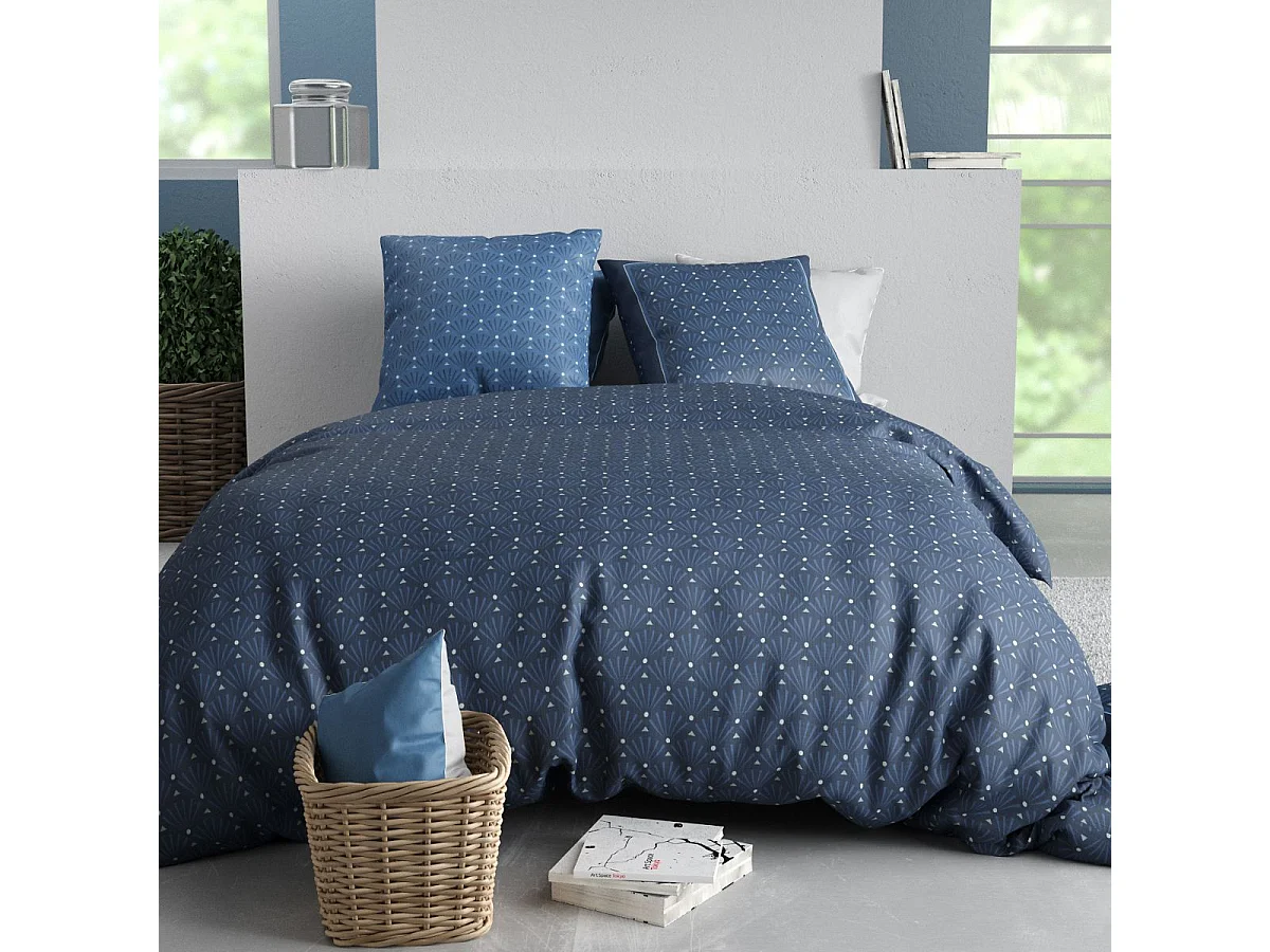 Parure housse de couette 240x220cm + 2 taies motif graphique bleu 100% coton - ZUMAIA