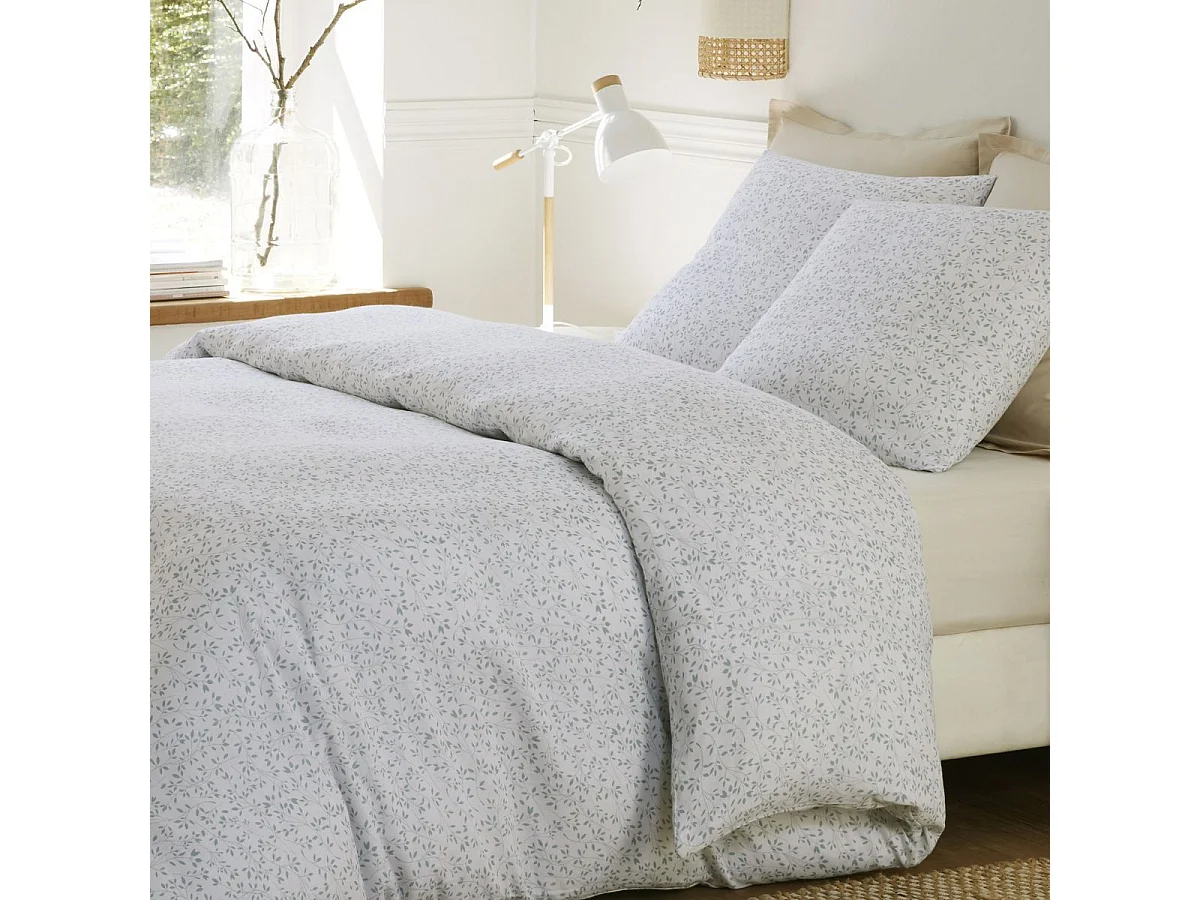 Parure housse de couette 260x240cm + 2 taies motif feuillage blanc et vert 100% gaze de coton - MAHO