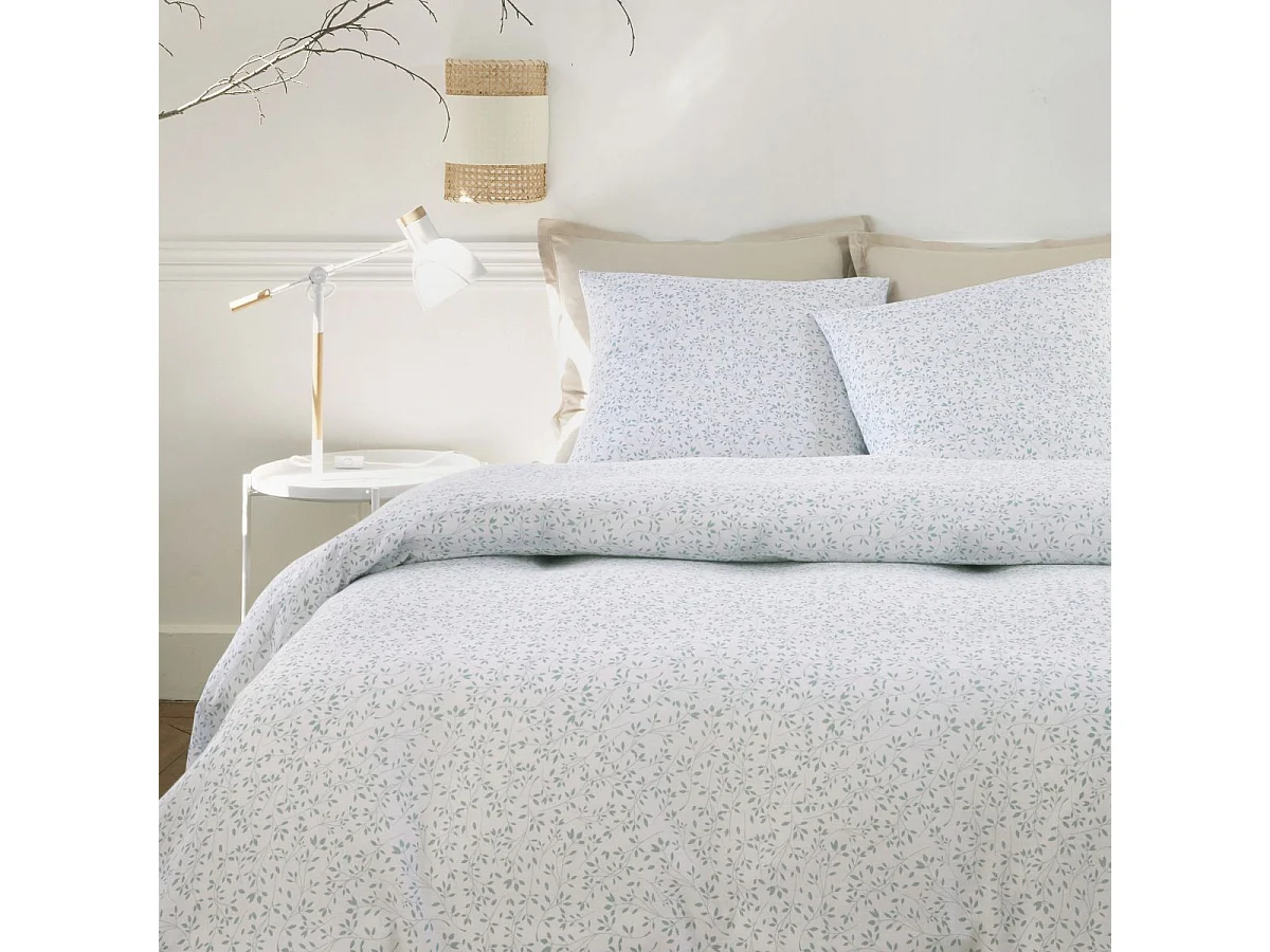 Parure housse de couette 260x240cm + 2 taies motif feuillage blanc et vert 100% gaze de coton - MAHO