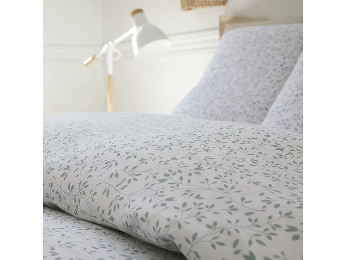 Parure housse de couette 260x240cm + 2 taies motif feuillage blanc et vert 100% gaze de coton - MAHO