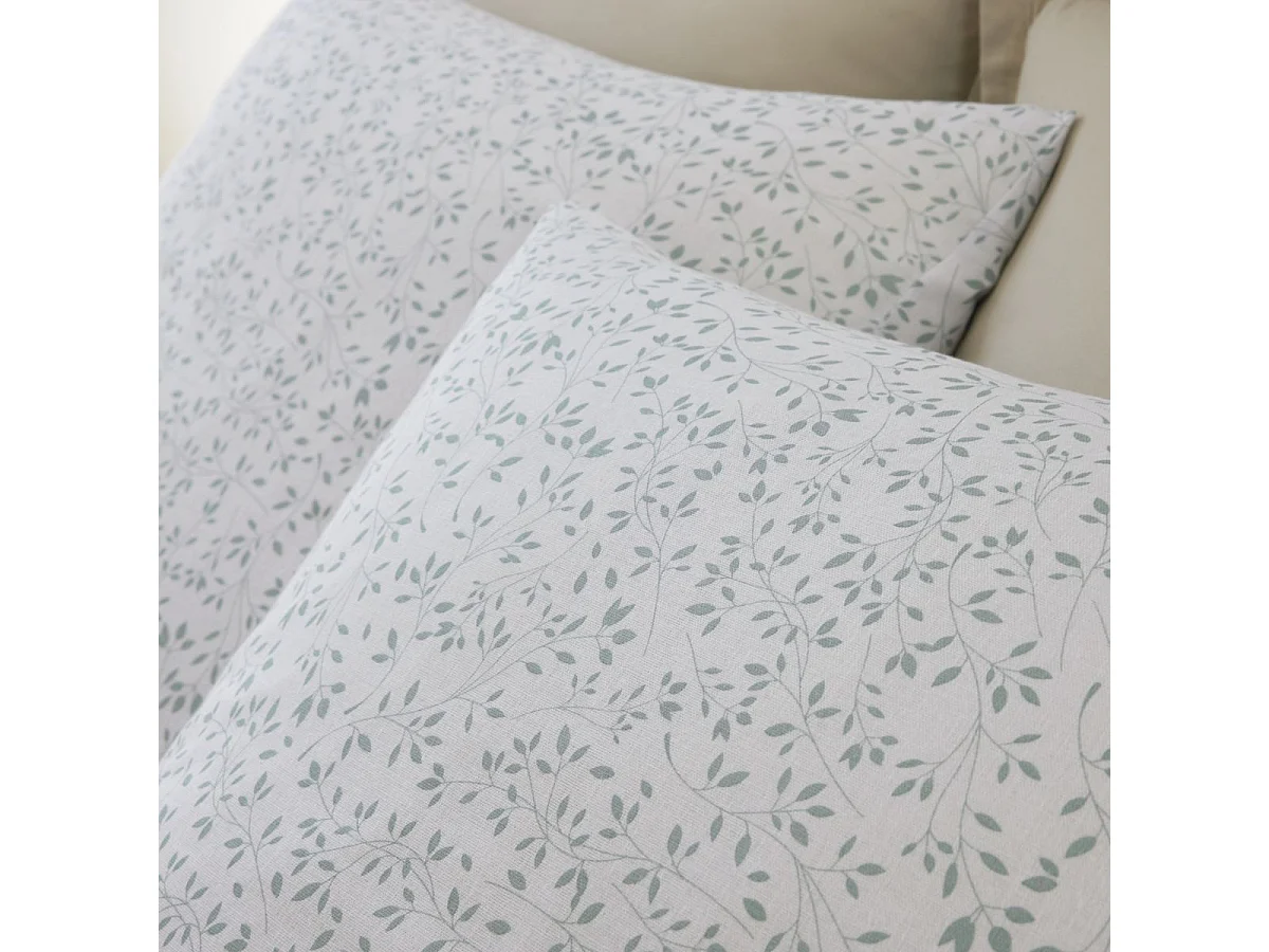 Parure housse de couette 260x240cm + 2 taies motif feuillage blanc et vert 100% gaze de coton - MAHO