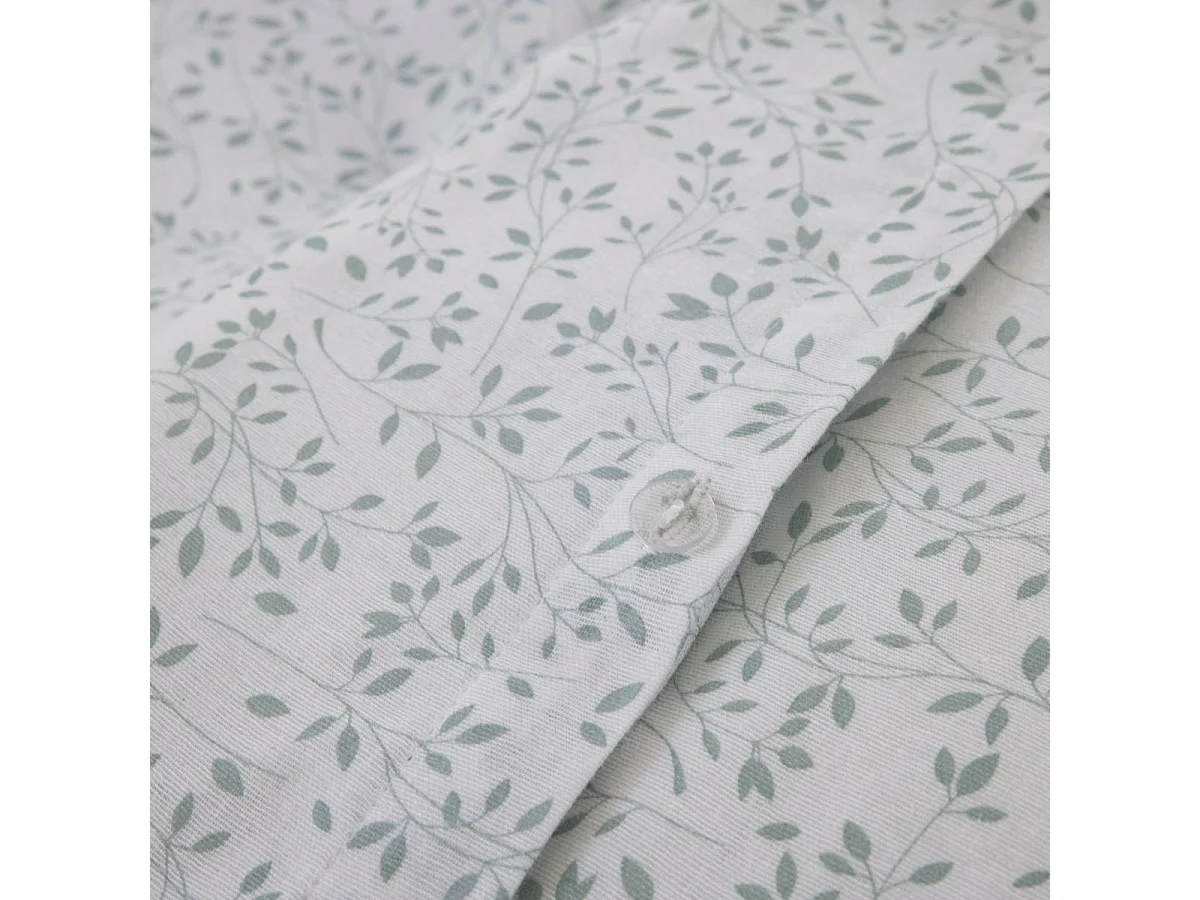 Parure housse de couette 260x240cm + 2 taies motif feuillage blanc et vert 100% gaze de coton - MAHO
