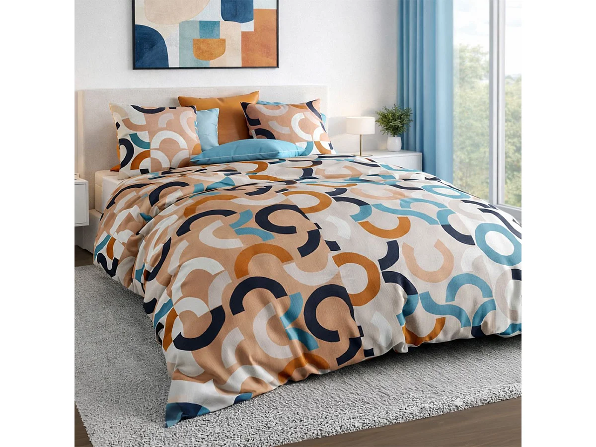 Parure housse de couette 260x240cm + 2 taies motif pop bleu et orange 100% coton - VIRGILE