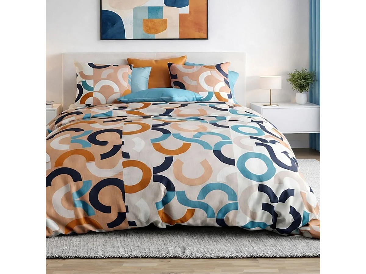 Parure housse de couette 260x240cm + 2 taies motif pop bleu et orange 100% coton - VIRGILE