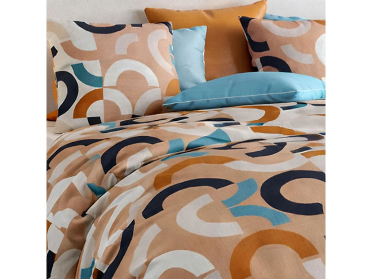Parure housse de couette 260x240cm + 2 taies motif pop bleu et orange 100% coton - VIRGILE