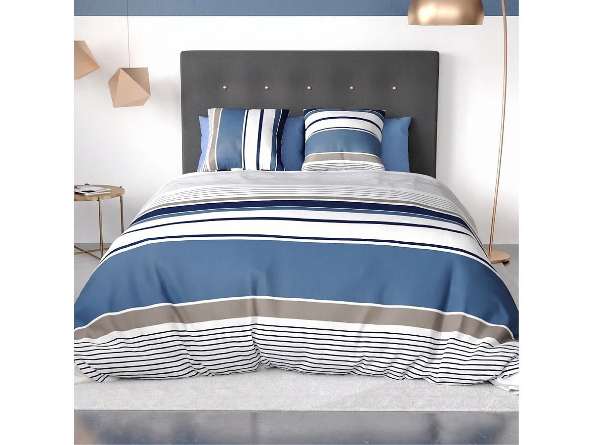 Parure housse de couette 240x220cm + 2 taies motif rayé bleu et blanc 100% coton - BELIAZY