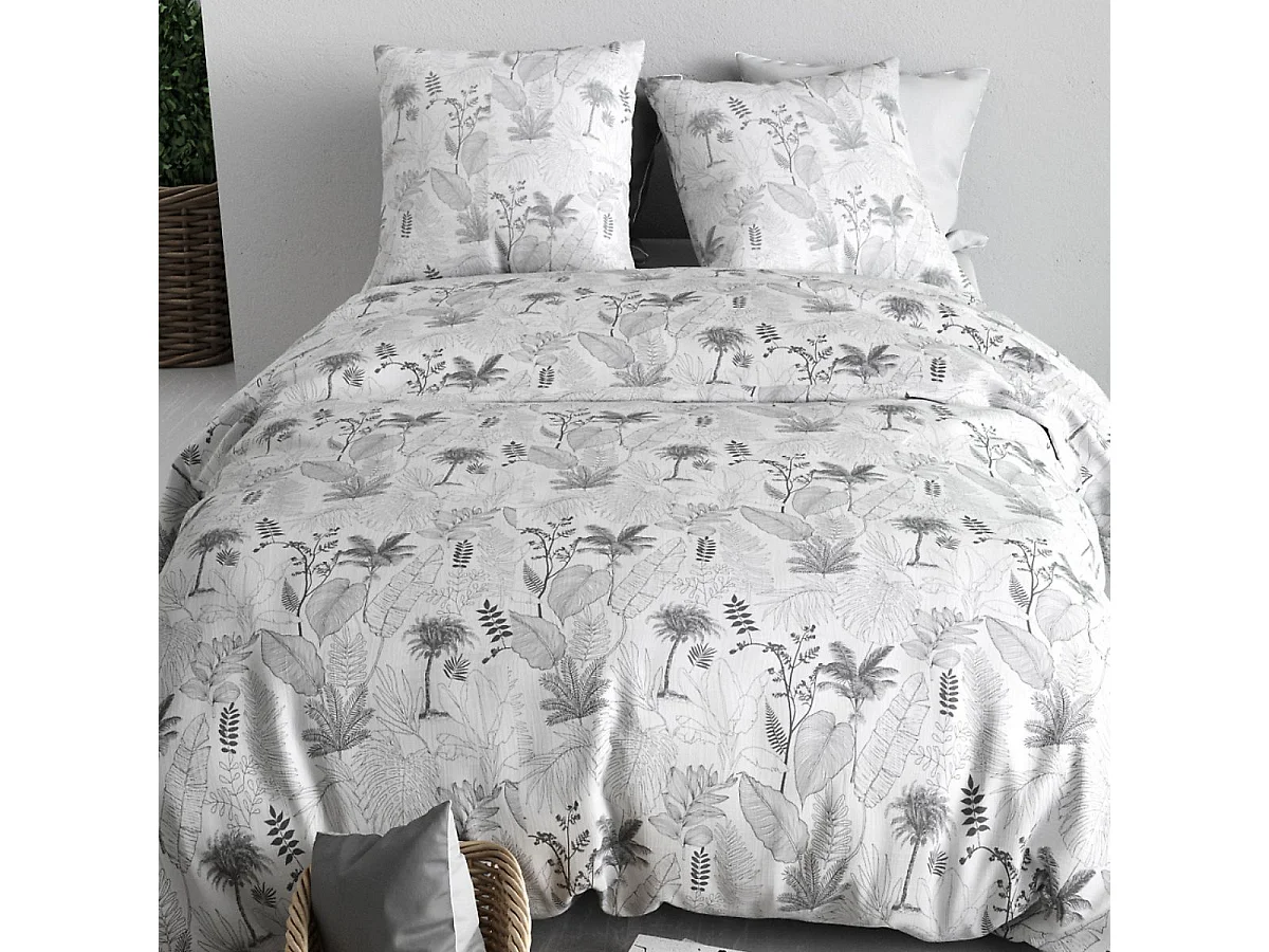 Parure housse de couette 240x220cm + 2 taies motif feuillage palmier blanc et noir 100% coton - JOSSELIN