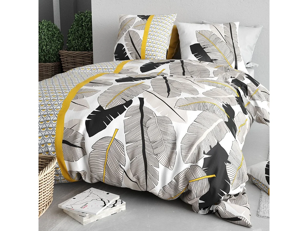 Parure housse de couette 260x240cm + 2 taies motif palmiers noir et jaune 100% coton - AMARANTE