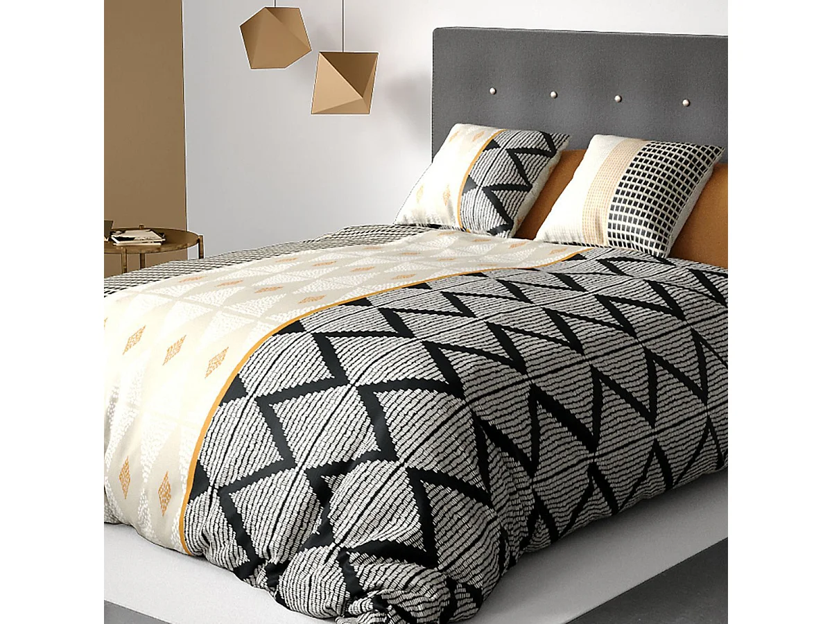 Parure housse de couette 240x220cm + 2 taies motif ethnique beige et noir 100% coton - DIANA