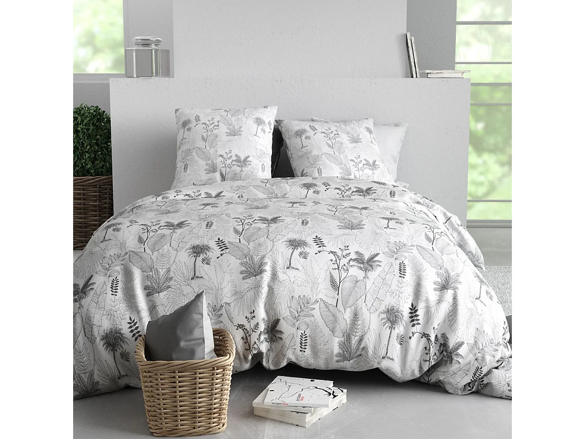 Parure housse de couette 260x240cm + 2 taies motif feuillage palmier blanc et noir 100% coton - JOSSELIN