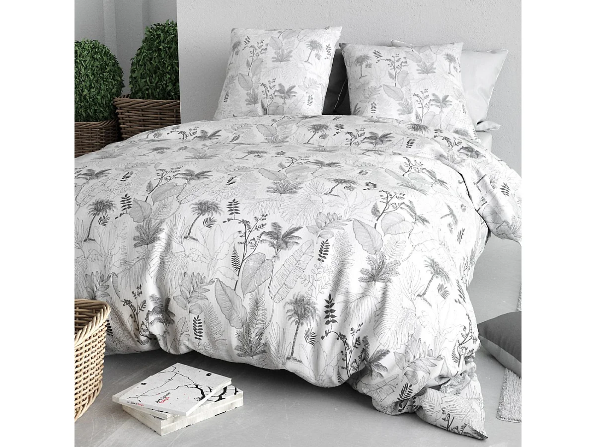 Parure housse de couette 260x240cm + 2 taies motif feuillage palmier blanc et noir 100% coton - JOSSELIN