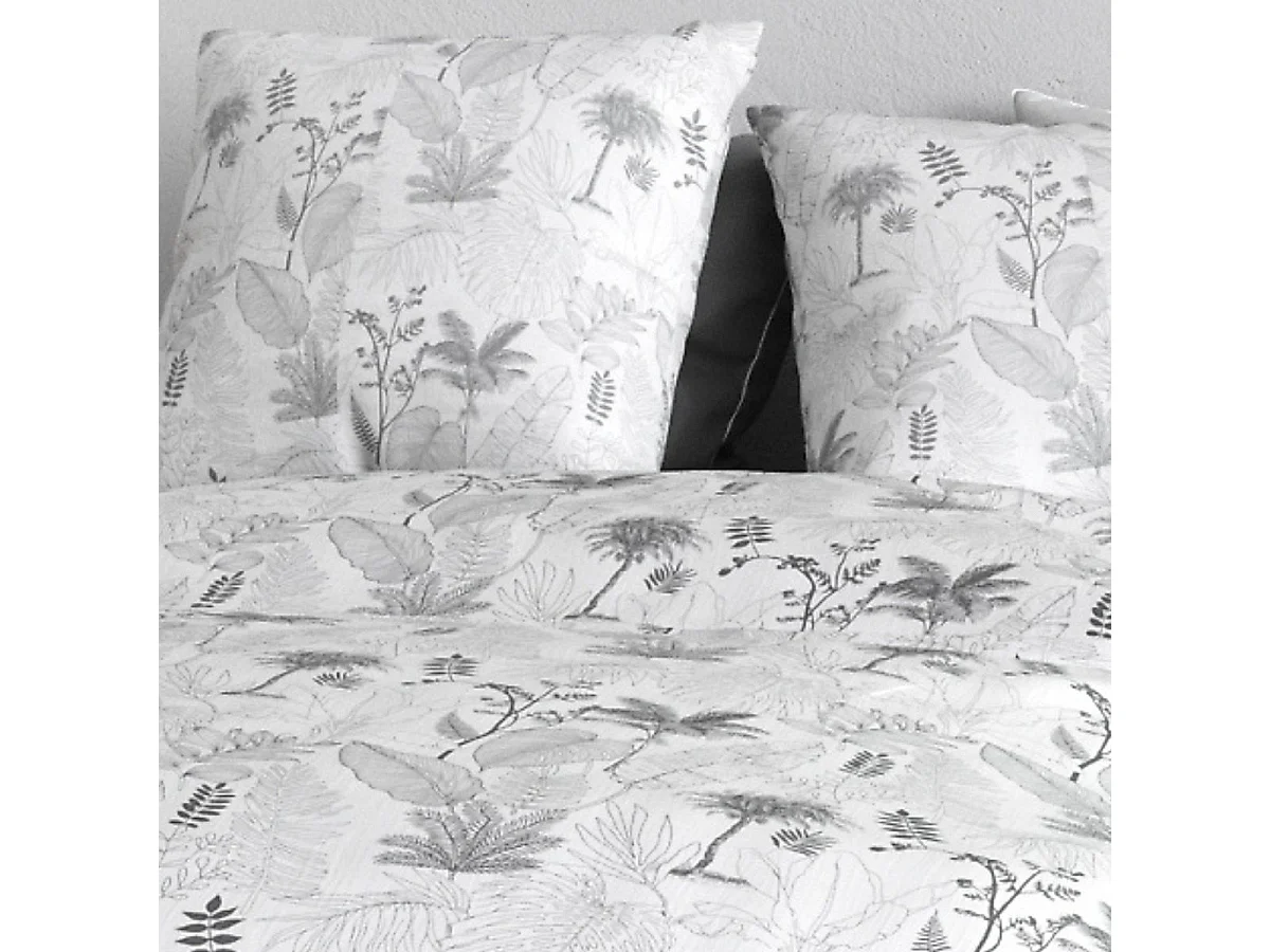 Parure housse de couette 260x240cm + 2 taies motif feuillage palmier blanc et noir 100% coton - JOSSELIN