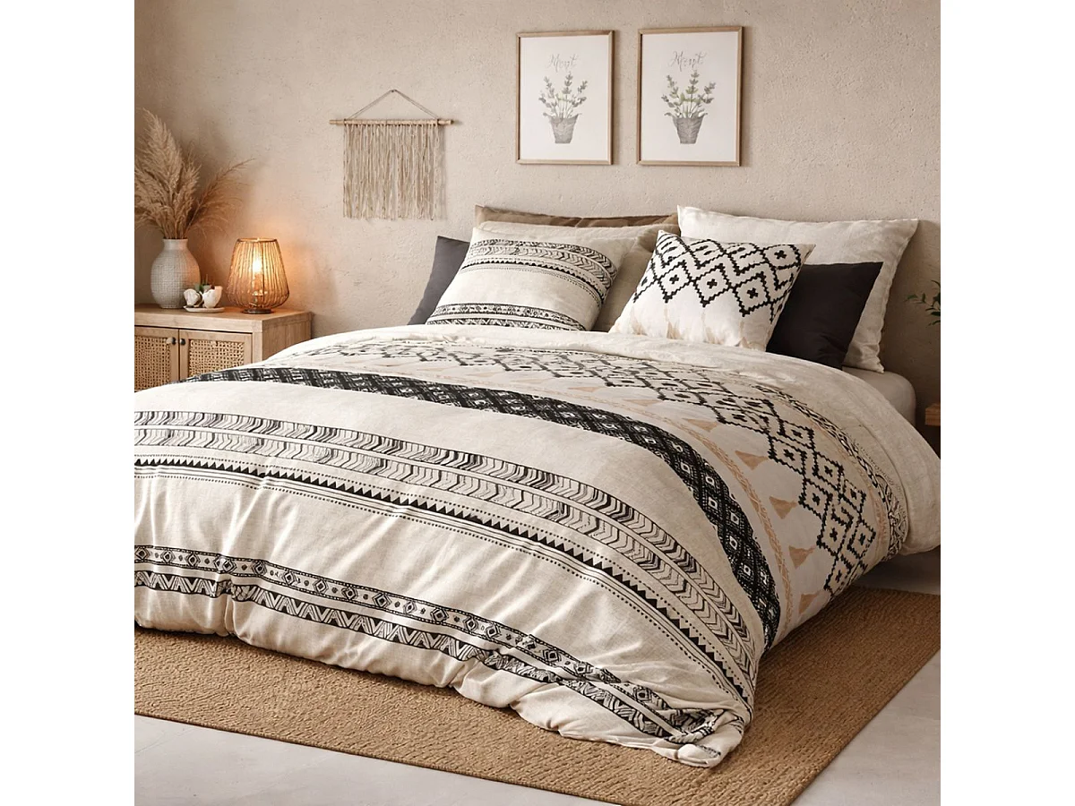 Parure housse de couette 240x220cm + 2 taies motif bohème écru et noir 100% coton - SILESY