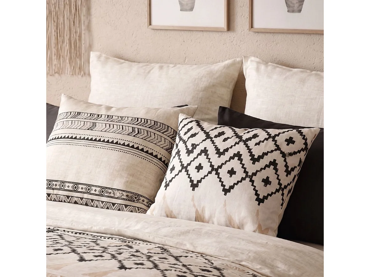 Parure housse de couette 240x220cm + 2 taies motif bohème écru et noir 100% coton - SILESY