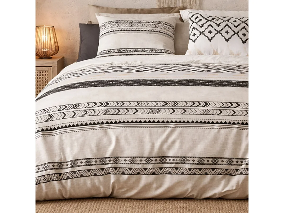 Parure housse de couette 240x220cm + 2 taies motif bohème écru et noir 100% coton - SILESY