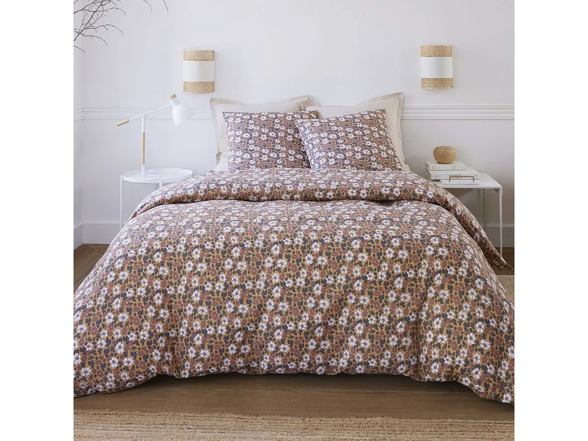 Parure housse de couette 240x220cm + 2 taies motif fleuri marron 100% gaze de coton - ADIGE