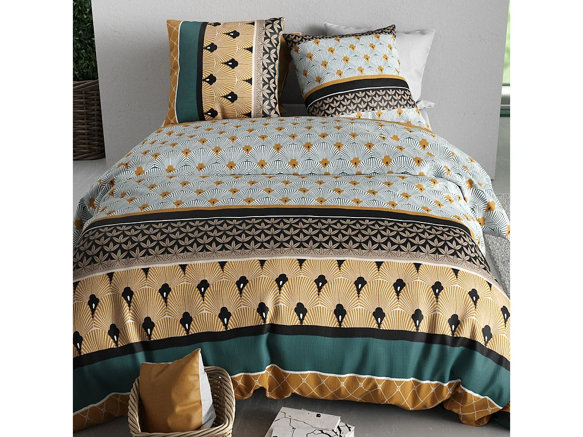 Parure housse de couette 240x220cm + 2 taies motif art-déco noir vert et jaune 100% coton - PEIO