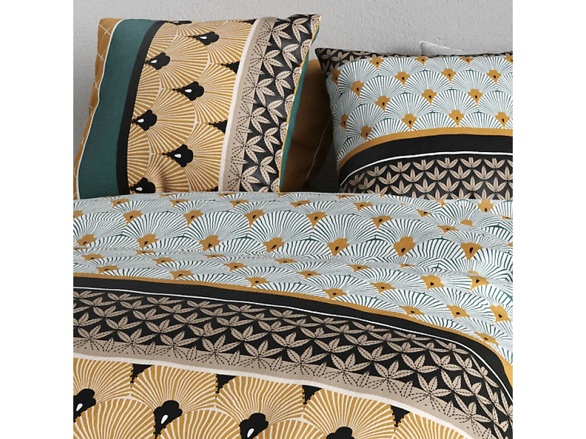 Parure housse de couette 240x220cm + 2 taies motif art-déco noir vert et jaune 100% coton - PEIO