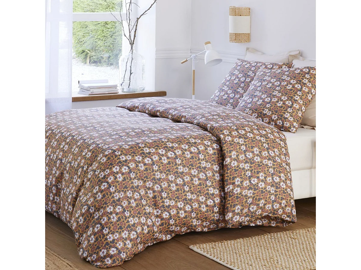 Parure housse de couette 260x240cm + 2 taies motif fleuri marron 100% gaze de coton - ADIGE