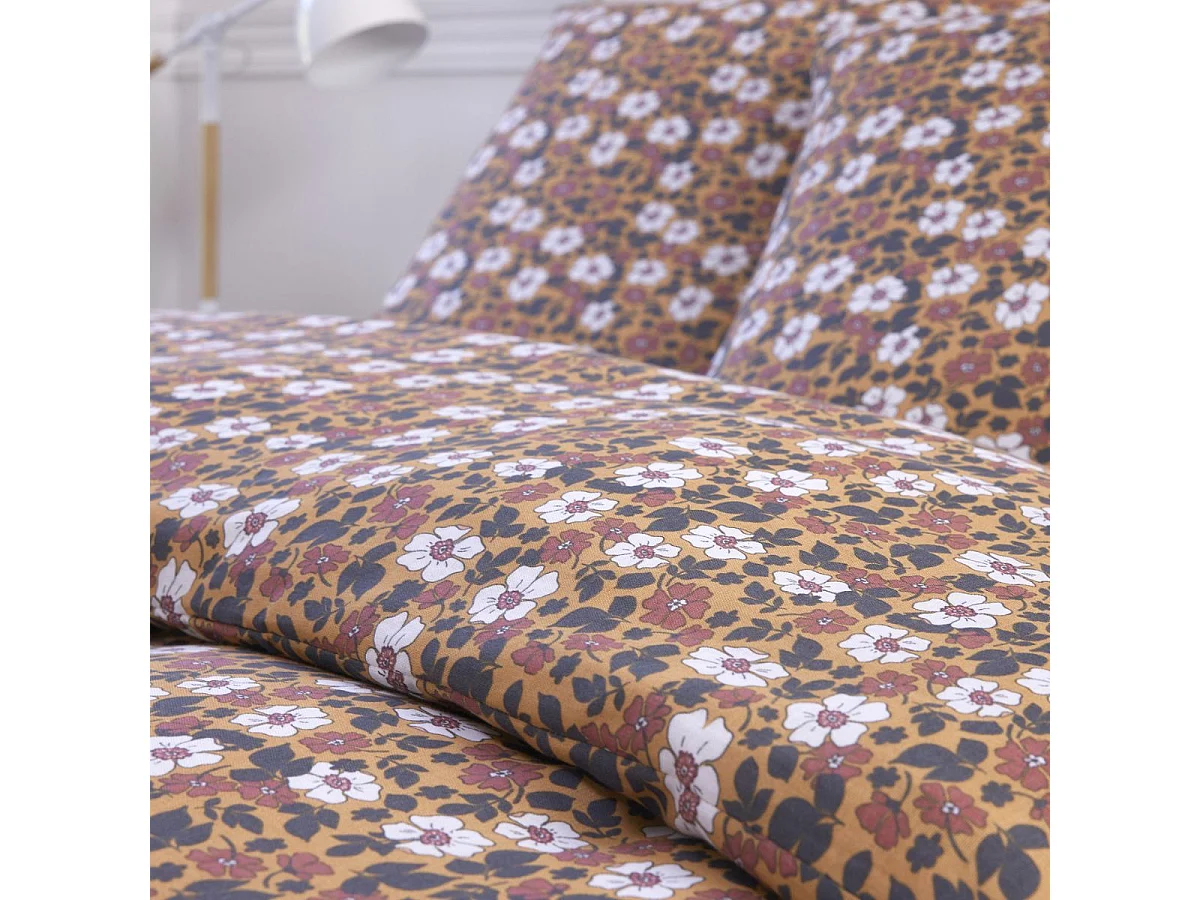 Parure housse de couette 260x240cm + 2 taies motif fleuri marron 100% gaze de coton - ADIGE