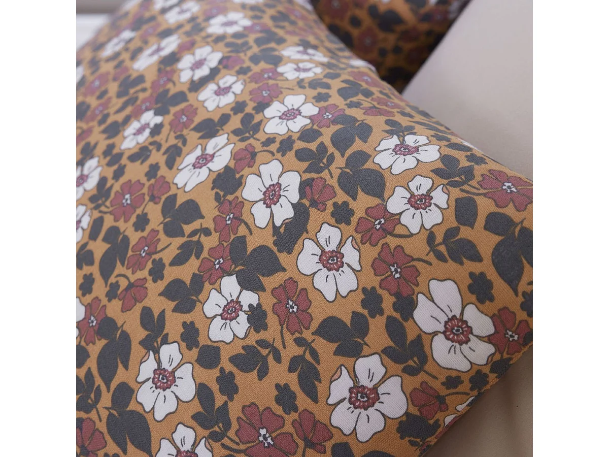 Parure housse de couette 260x240cm + 2 taies motif fleuri marron 100% gaze de coton - ADIGE