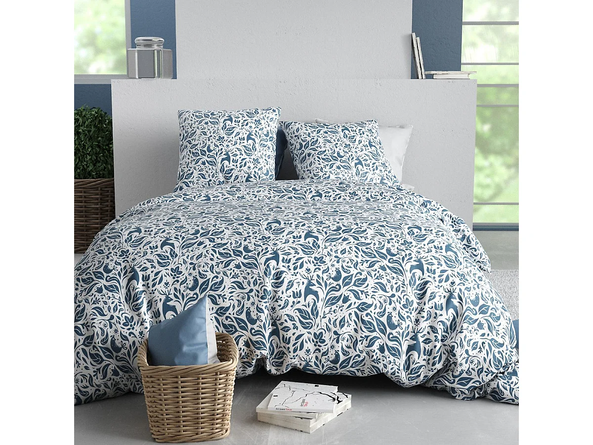 Parure housse de couette 260x240cm + 2 taies motif bucolique bleu 100% coton - BULMA