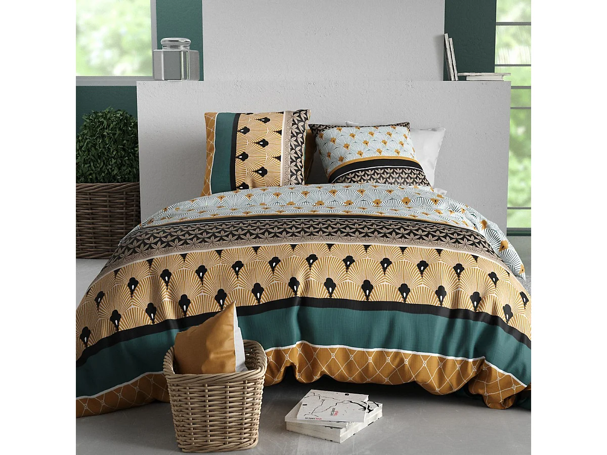 Parure housse de couette 260x240cm + 2 taies motif art-déco noir vert et jaune 100% coton - PEIO