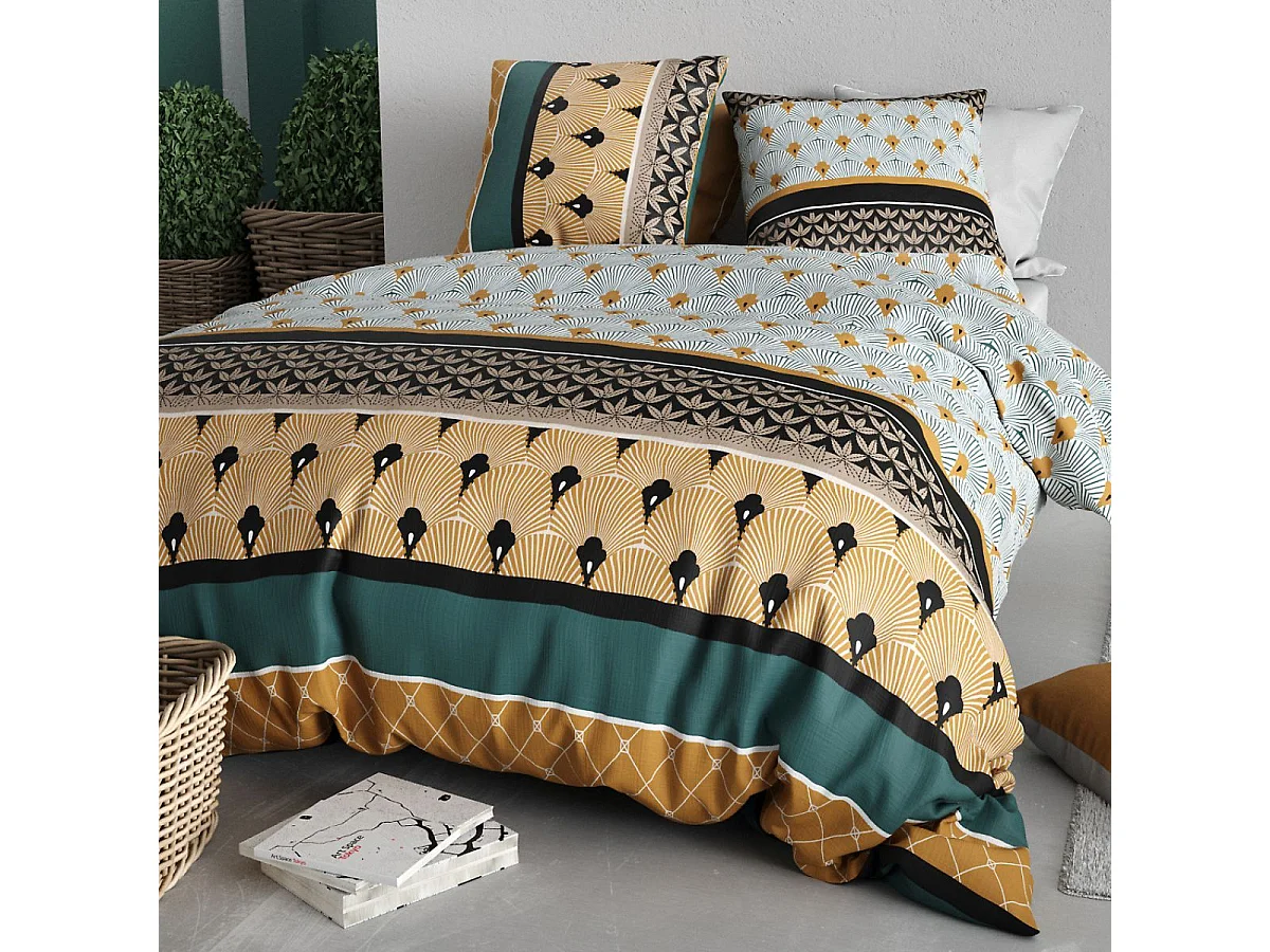 Parure housse de couette 260x240cm + 2 taies motif art-déco noir vert et jaune 100% coton - PEIO