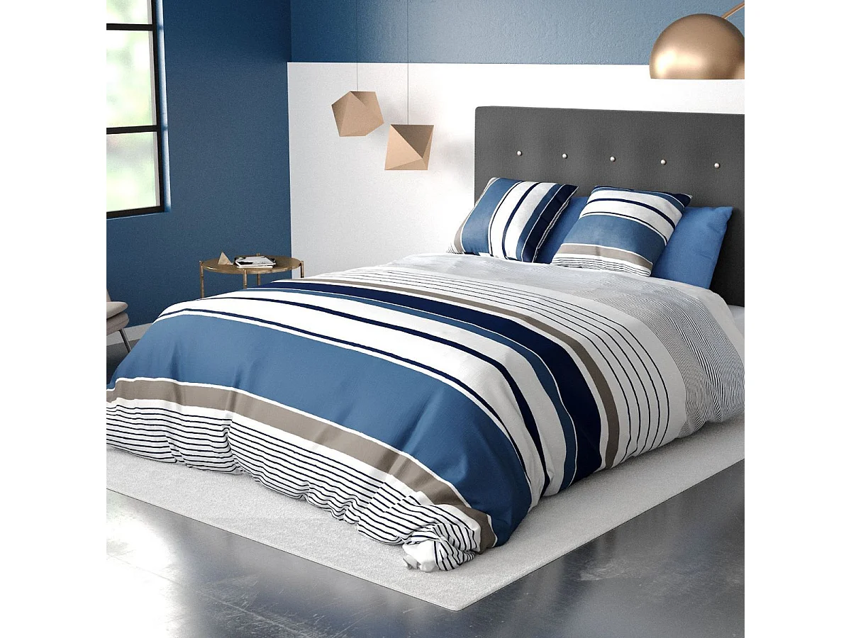 Parure housse de couette 260x240cm + 2 taies motif rayé bleu et blanc 100% coton - BELIAZY