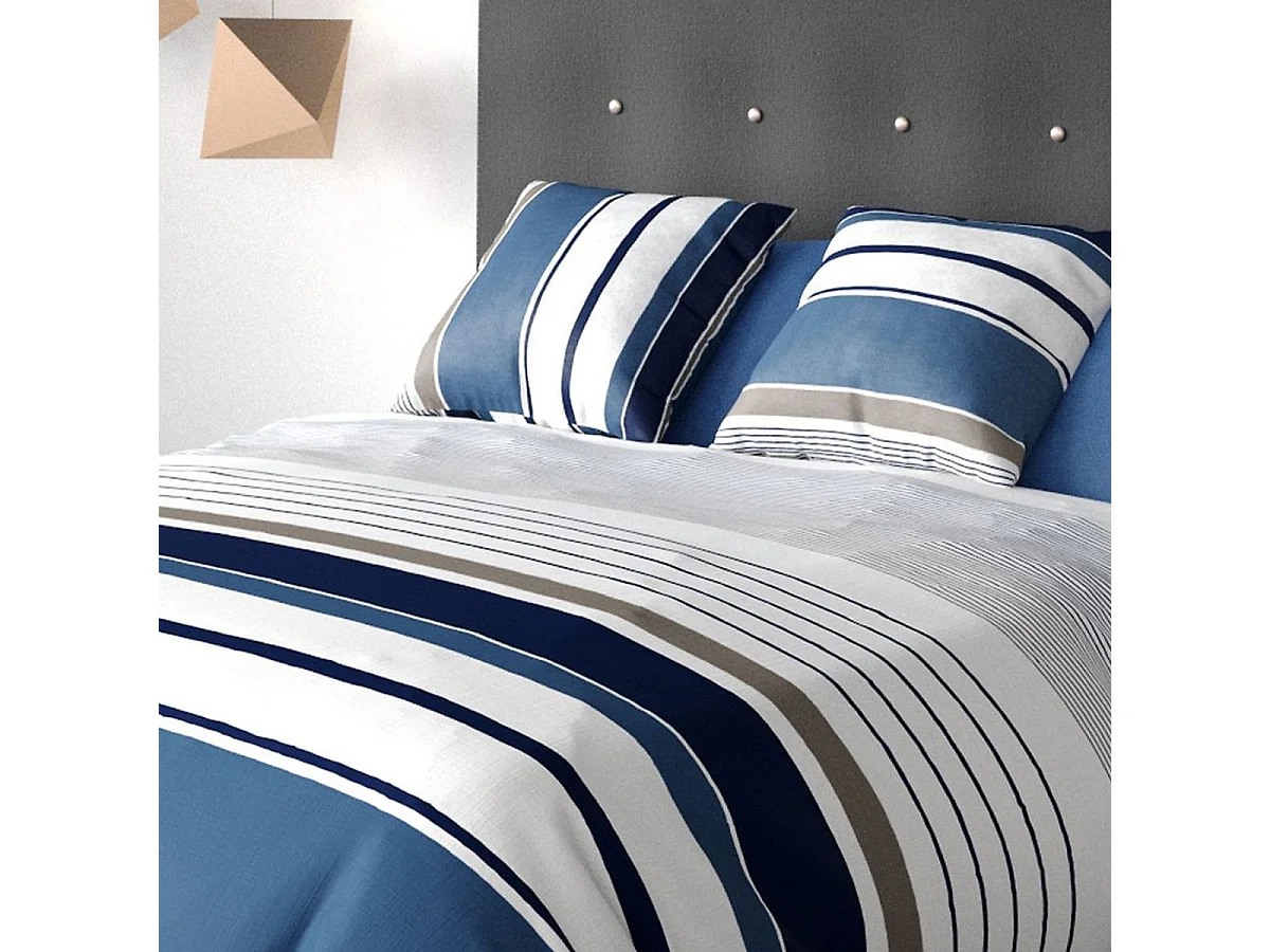 Parure housse de couette 260x240cm + 2 taies motif rayé bleu et blanc 100% coton - BELIAZY