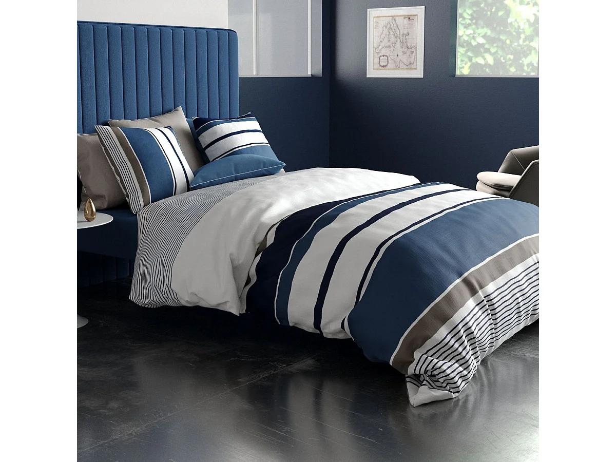 Parure housse de couette 260x240cm + 2 taies motif rayé bleu et blanc 100% coton - BELIAZY