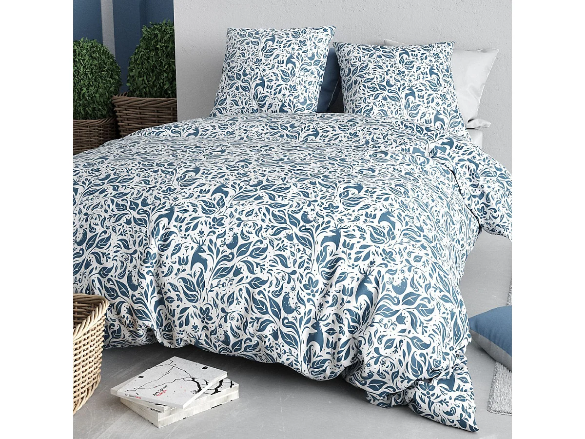 Parure housse de couette 240x220cm + 2 taies motif bucolique bleu 100% coton - BULMA