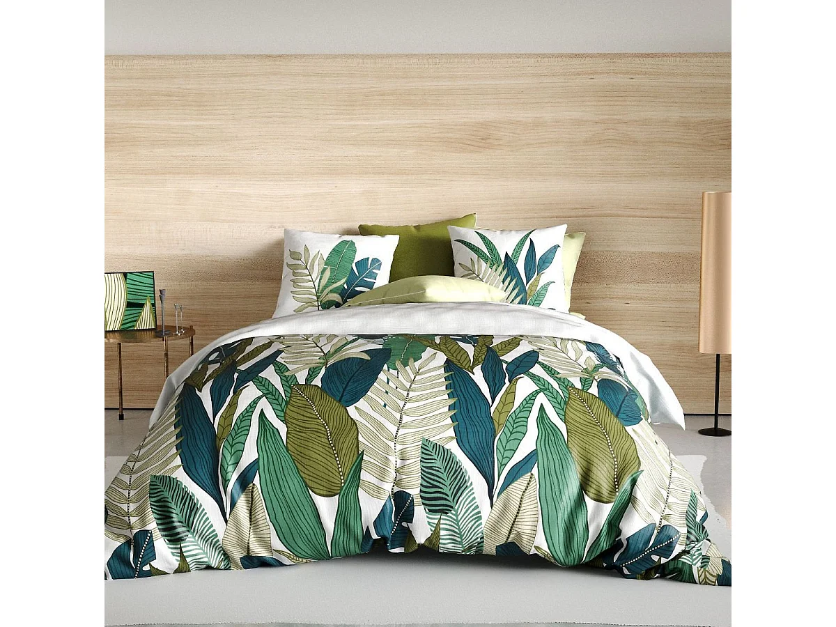 Parure housse de couette 240x220cm + 2 taies motif feuilles palmiers 100% coton - MELCHIOR