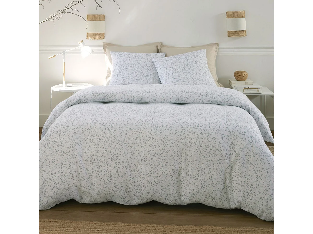 Parure housse de couette 240x220cm + 2 taies motif feuillage blanc et vert 100% gaze de coton - MAHO