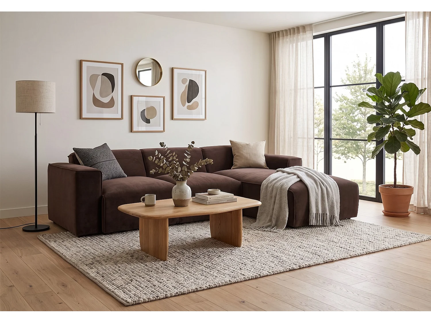 MILKY – canapé d’angle convertible droit 275x174 cm, RIVIERA 28 marron