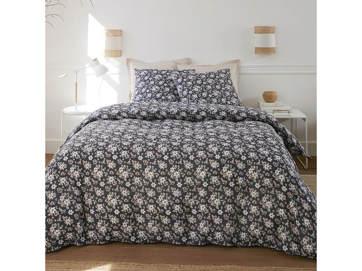 Parure housse de couette 260x240cm + 2 taies motif fleuri bleu marine 100% gaze de coton - KUSIA
