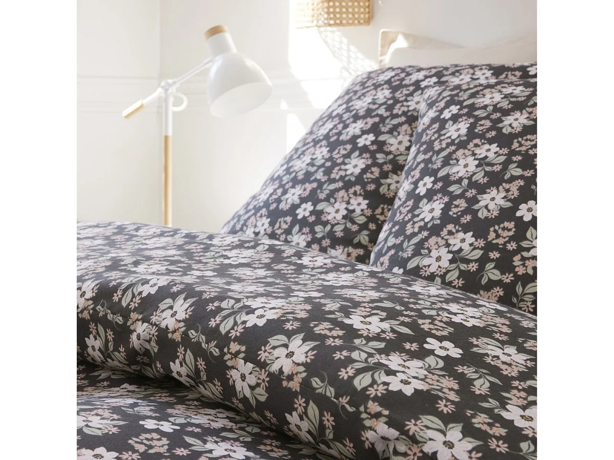 Parure housse de couette 260x240cm + 2 taies motif fleuri bleu marine 100% gaze de coton - KUSIA
