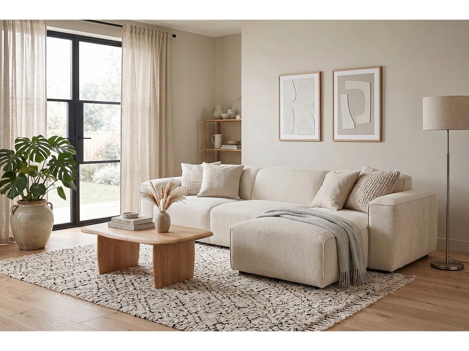 MILKY – canapé d’angle convertible droit 275x174 cm, FLOW 5 crème