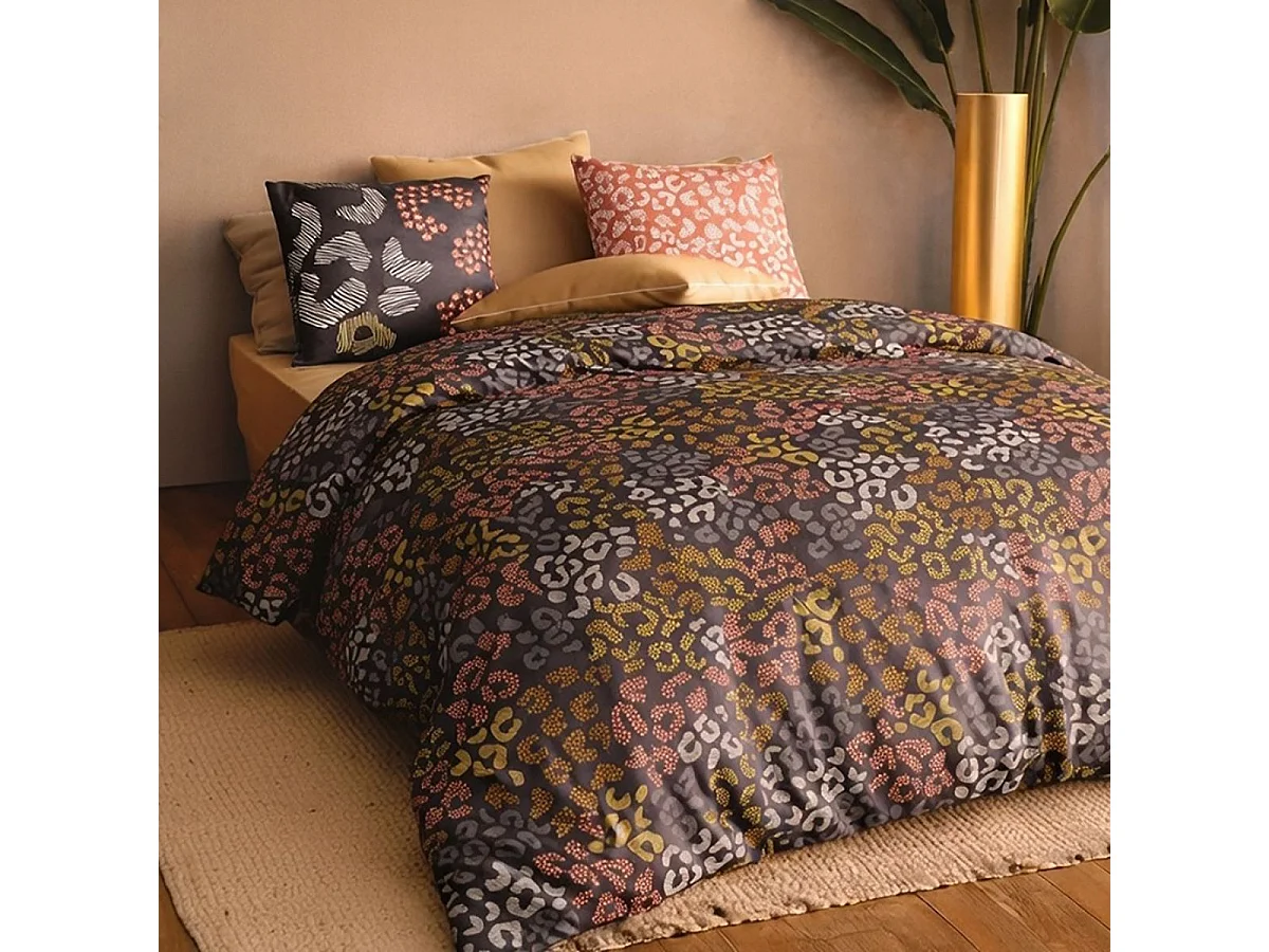 Parure housse de couette 240x220cm + 2 taies motif graphique brun et corail 100% coton - LILWEN