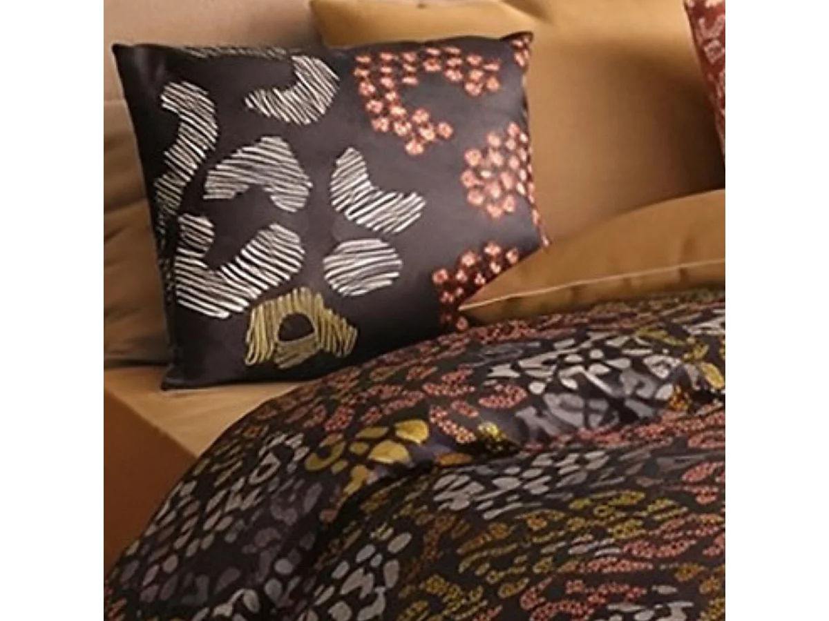 Parure housse de couette 240x220cm + 2 taies motif graphique brun et corail 100% coton - LILWEN