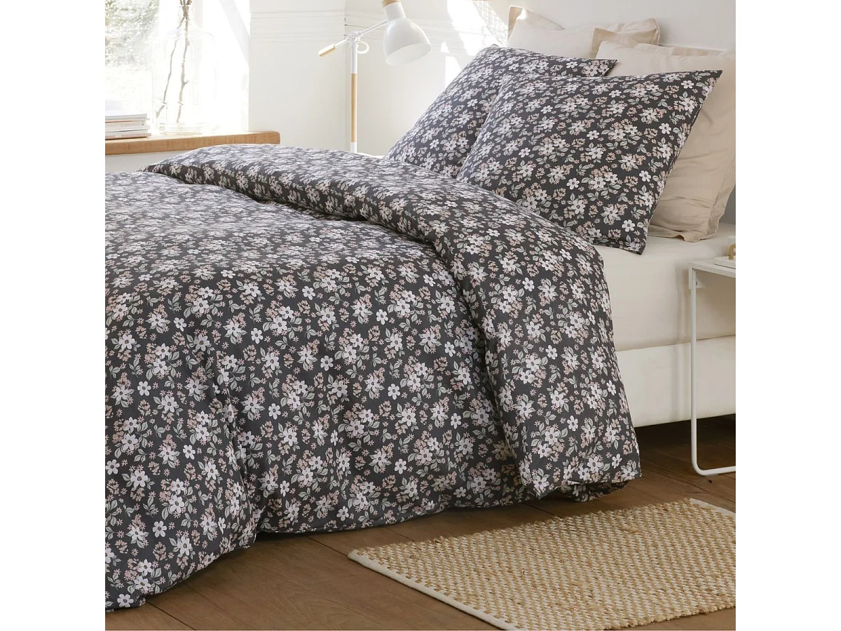 Parure housse de couette 240x220cm + 2 taies motif motif fleuri bleu marine 100% gaze de coton - KUSIA