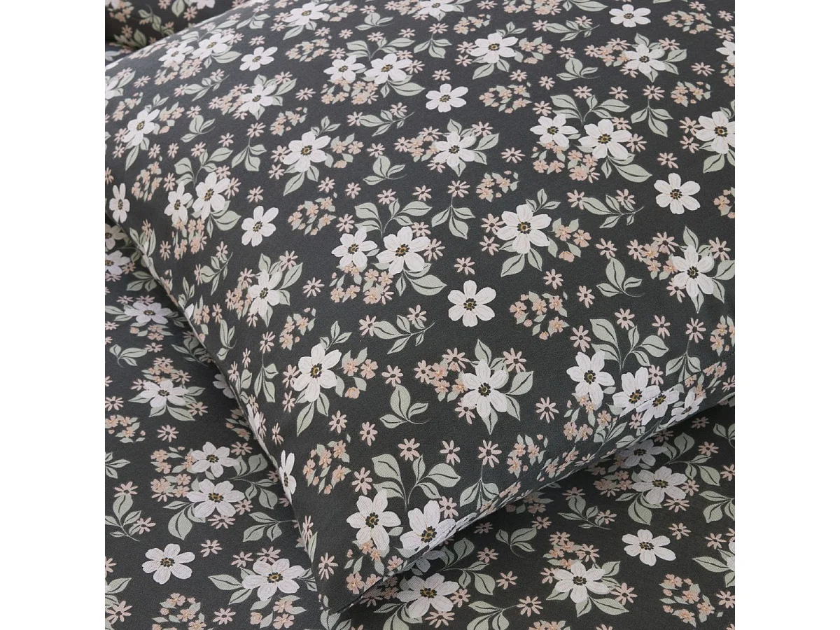 Parure housse de couette 240x220cm + 2 taies motif motif fleuri bleu marine 100% gaze de coton - KUSIA