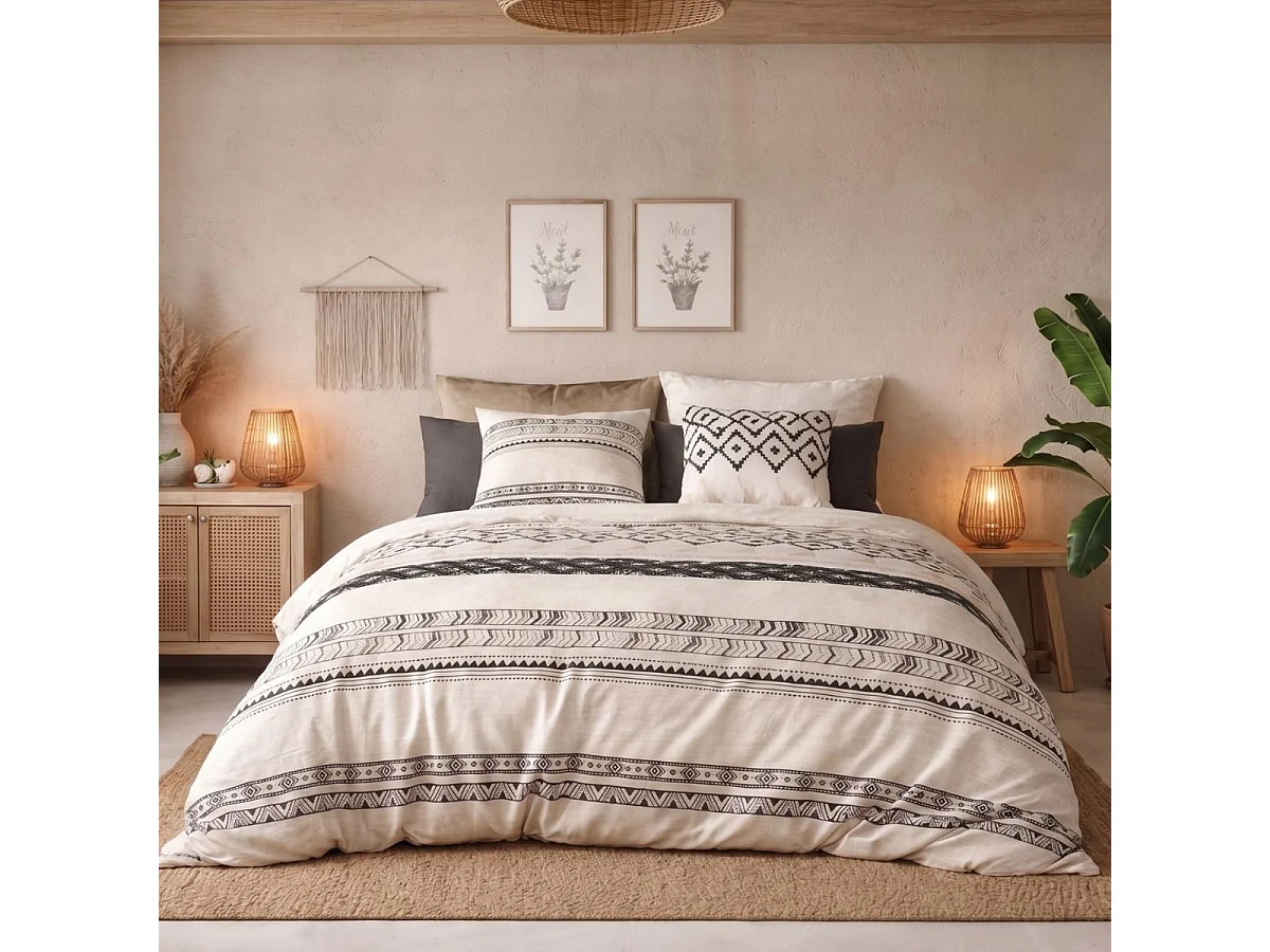 Parure housse de couette 260x240cm + 2 taies motif bohème écru et noir 100% coton - SILESY