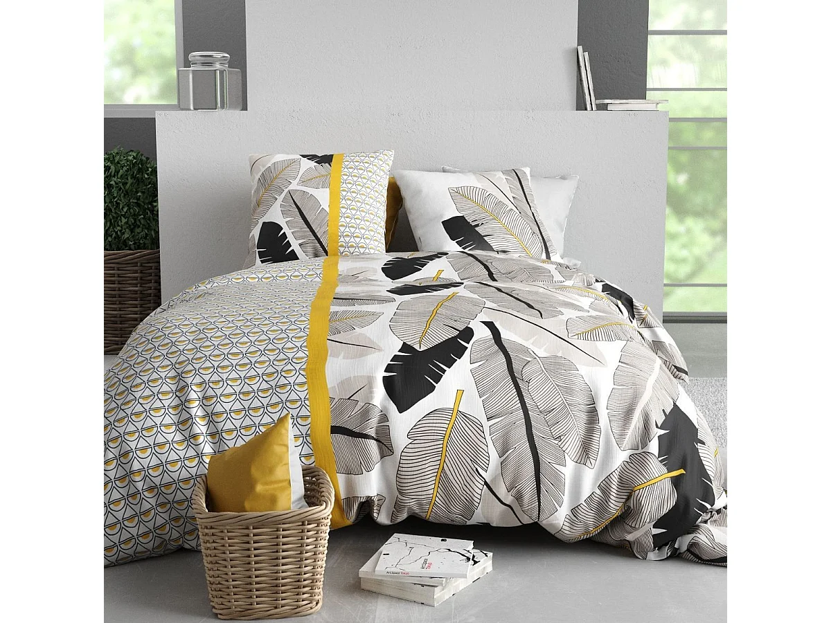 Parure housse de couette 240x220cm + 2 taies motif palmiers noir et jaune 100% coton - AMARANTE