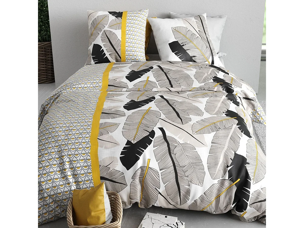 Parure housse de couette 240x220cm + 2 taies motif palmiers noir et jaune 100% coton - AMARANTE
