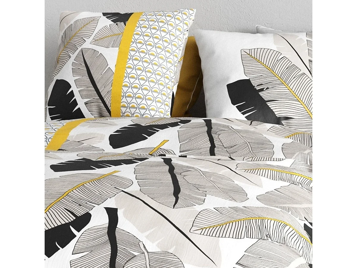 Parure housse de couette 240x220cm + 2 taies motif palmiers noir et jaune 100% coton - AMARANTE