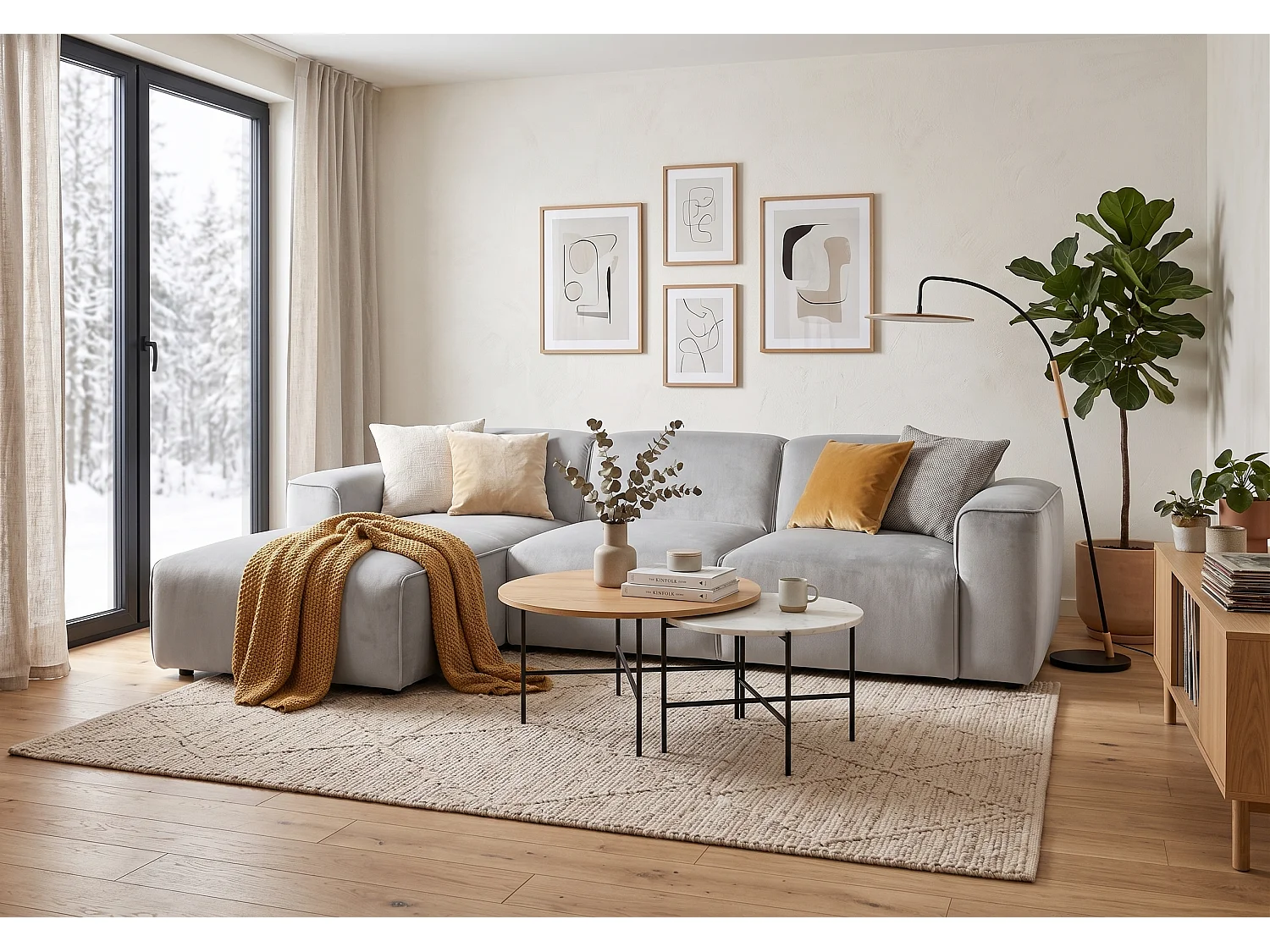 MILKY – canapé d’angle convertible gauche 275x174 cm, RIVIERA 82 gris clair