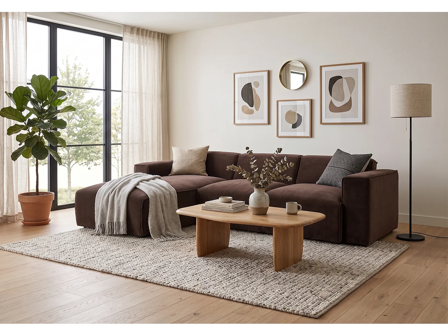 MILKY – canapé d’angle convertible gauche 275x174 cm, RIVIERA 28 marron